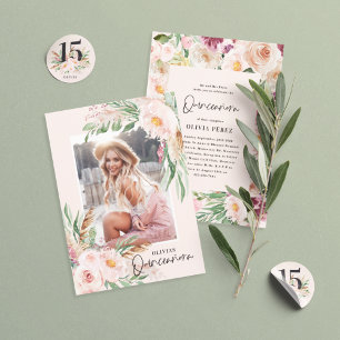 Quinceañera pale pink girly floral photo birthday invitation