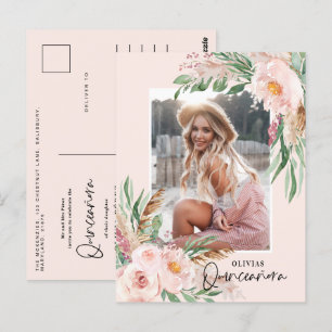 Quinceañera pale pink girly floral photo birthday postcard