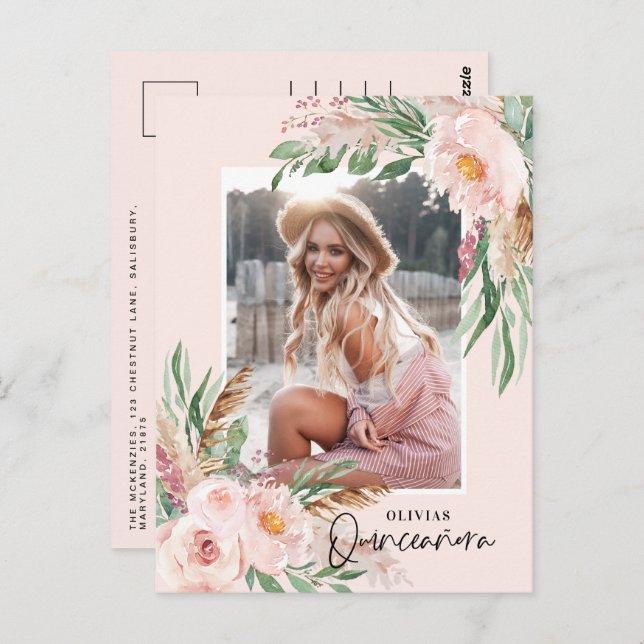 Quinceañera pale pink girly floral photo birthday  postcard (Front/Back)