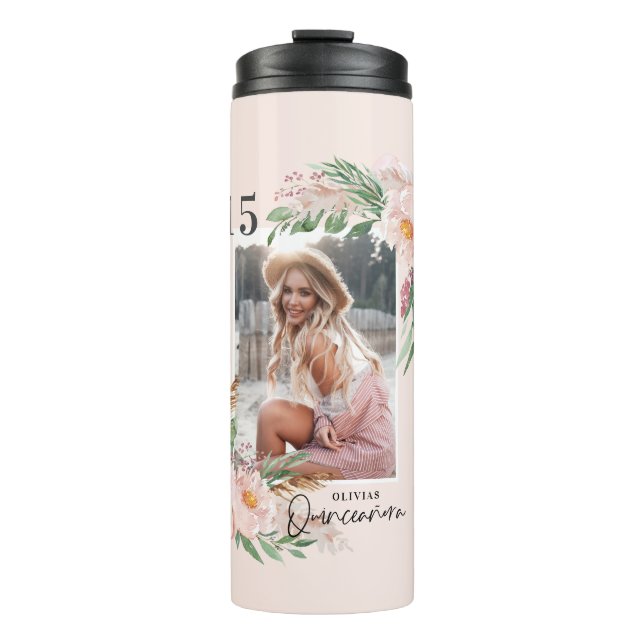Quinceañera pale pink girly floral photo birthday thermal tumbler (Front)