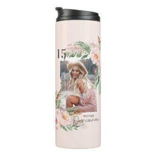 Quinceañera pale pink girly floral photo birthday  thermal tumbler