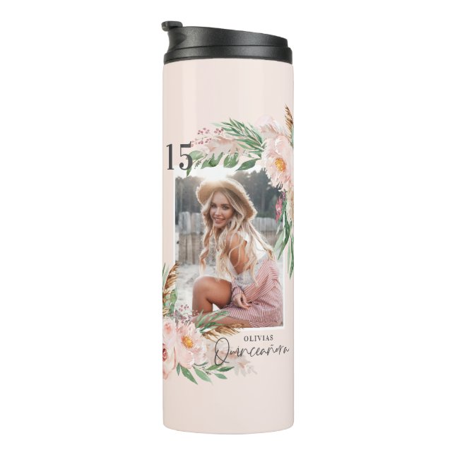 Quinceañera pale pink girly floral photo birthday  thermal tumbler (Rotated Right)
