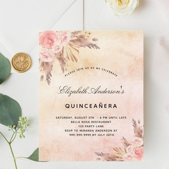 Quinceanera pampas grass blush budget invitation flyer (Creator Uploaded)