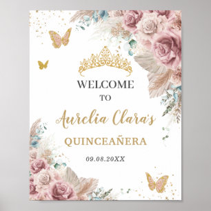 Quinceañera Pampas Grass Blush Floral Butterflies  Poster
