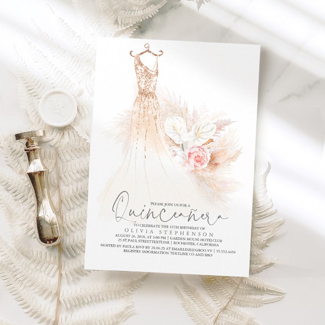Quinceañera Pampas Grass Gold Dress 15th Birthday Invitation (Creator Uploaded)