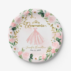 Quinceanera Paper Plates Blush Floral Pink Dress