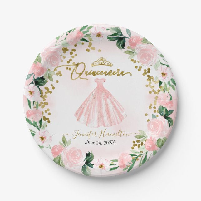 Quinceanera Paper Plates Blush Floral Pink Dress (Front)