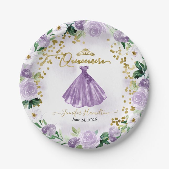 Quinceanera Paper Plates Purple Floral Dress (Front)