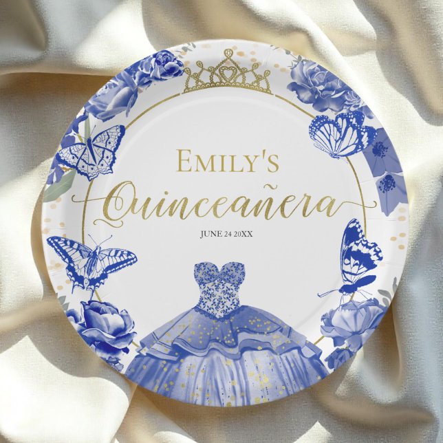 Quinceanera Paper Plates Royal Blue Dress Floral (Creator Uploaded)