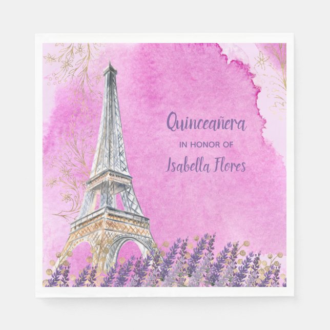 Quinceanera Paris Eiffel Tower Pink Watercolor Napkin (Front)