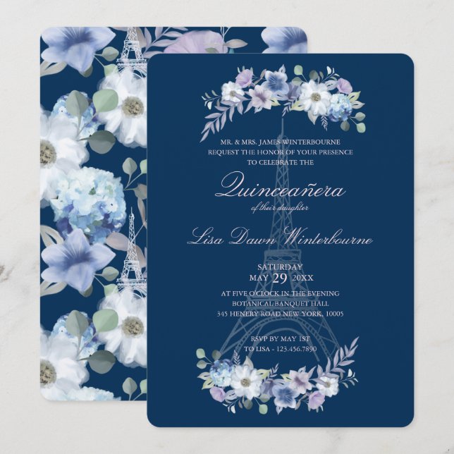 Quinceañera Paris Eiffel Tower Watercolor Floral Invitation (Front/Back)