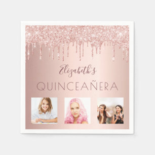 Quinceanera party 15 photo rose gold glitter pink napkin