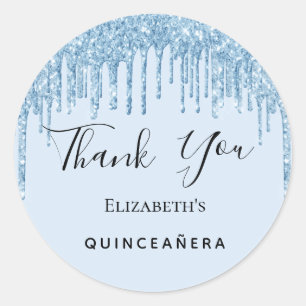 Quinceanera party baby blue glitter Thank You Classic Round Sticker