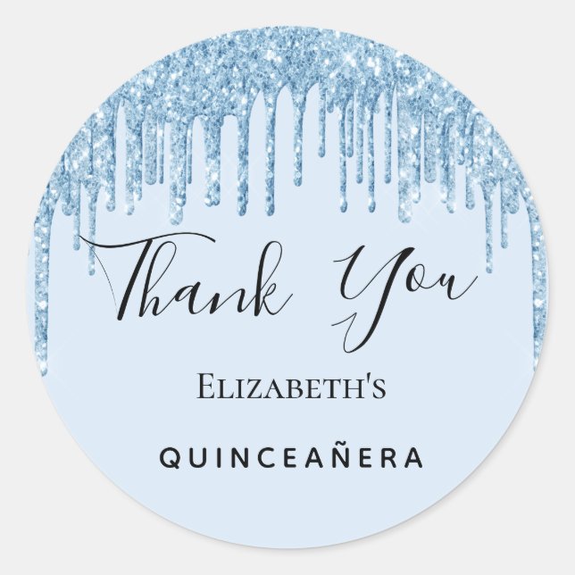 Quinceanera party baby blue glitter Thank You  Classic Round Sticker (Front)