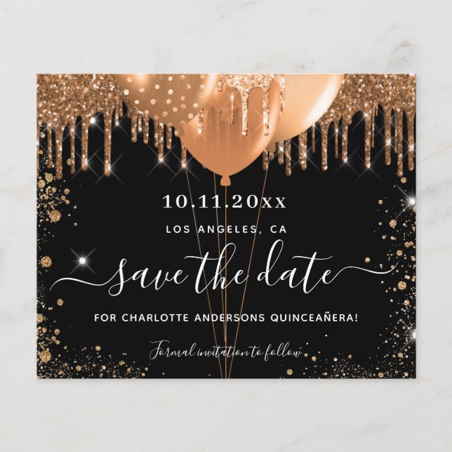 Quinceanera party black gold budget save the date flyer (Front)