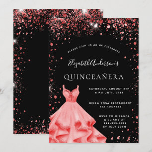 Quinceanera party black red glitter dress invitation