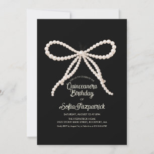 Quinceanera Party Black White Pearl Bow Invitation