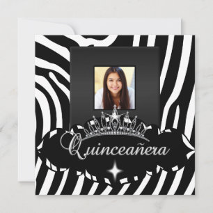 Quinceanera Party Black White Zebra Girl Photo Invitation