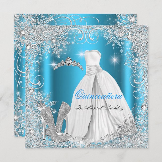 Quinceanera Party Blue Silver Winter Snowflakes Invitation (Front/Back)