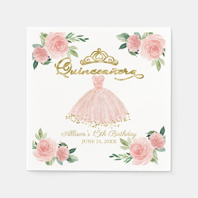 Quinceanera Party Blush Gown Pink Floral Napkins (Front)
