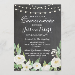 Quinceanera Party Chalk White Flowers Invite 15th