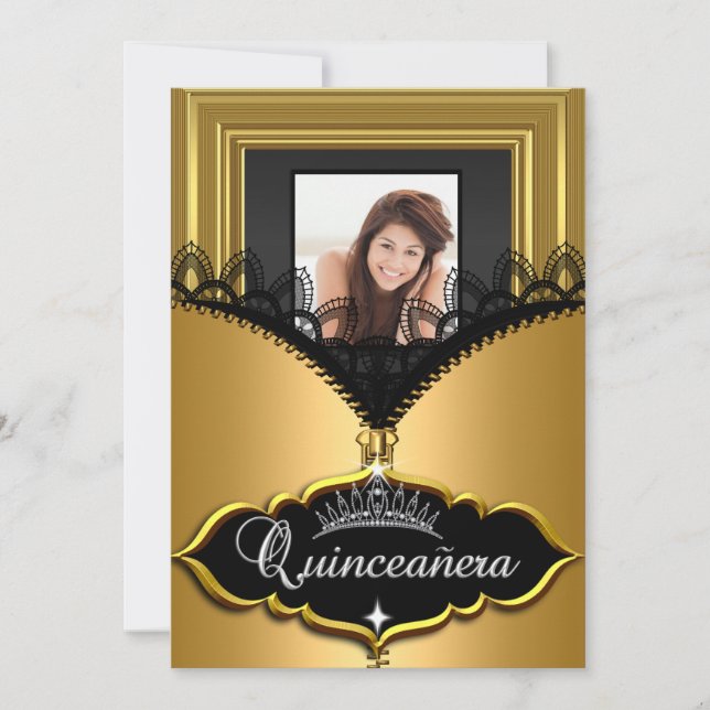 Quinceanera Party Gold Black Lace Girl Photo Invitation (Front)