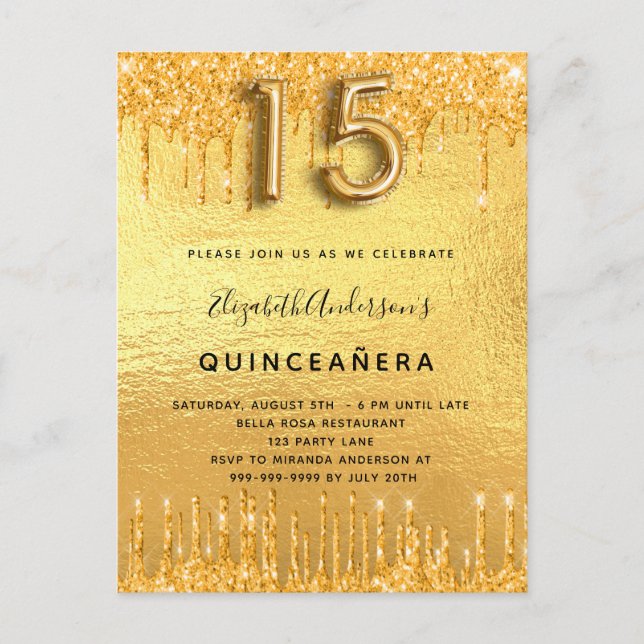 Quinceanera party gold drips invitation postcard (Front)