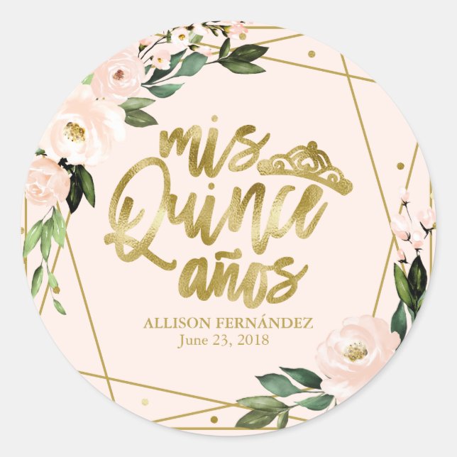 Quinceanera Party Gold Foil Blush Pink Floral Classic Round Sticker (Front)