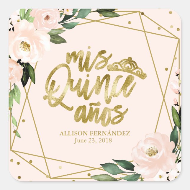 Quinceanera Party Gold Foil Blush Pink Square Sticker (Front)