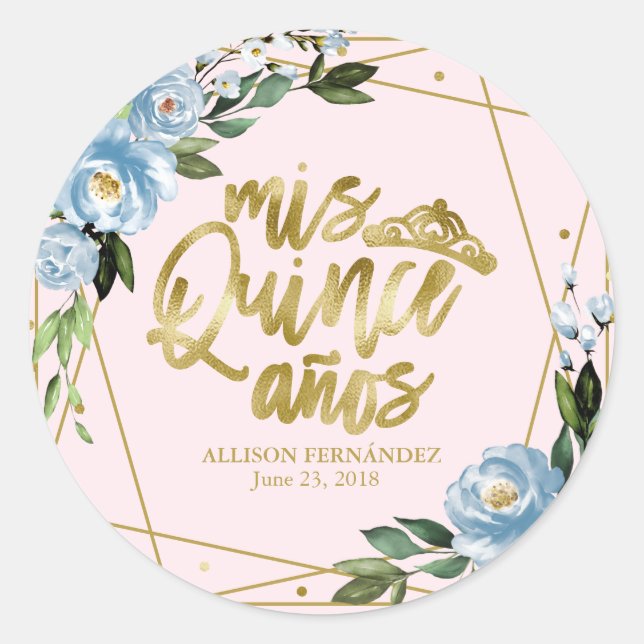 Quinceanera Party Gold Foil Pink Blue Floral Classic Round Sticker (Front)