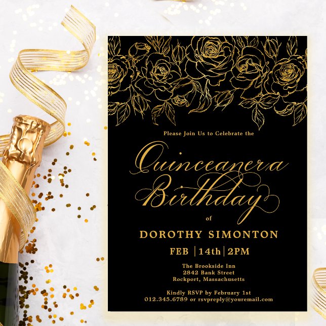 Quinceanera Party Gold Rose Floral Black Invitation (Creator Uploaded)