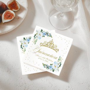 Quinceanera Party Gold Tiara Baby Blue Floral Napkin
