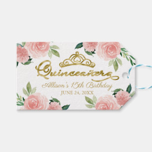 Quinceanera Party Gold Tiara Blush Pink Floral Fav Gift Tags