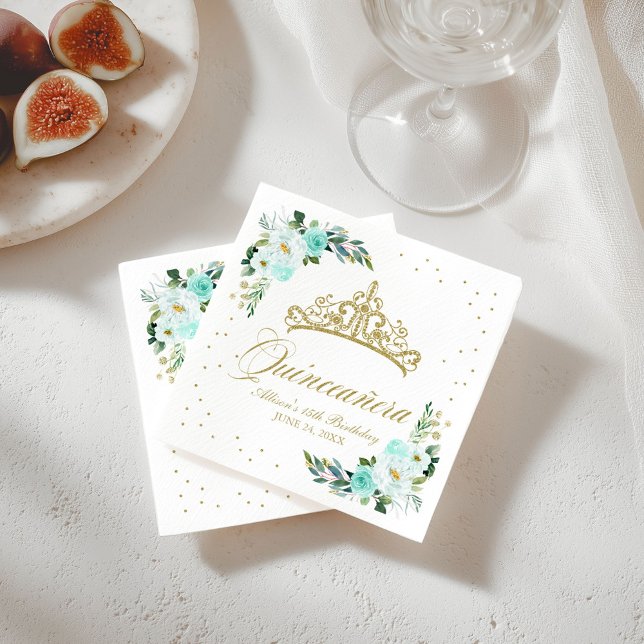 Quinceanera Party Gold Tiara Blush Teal Floral Napkin (Creator Uploaded)