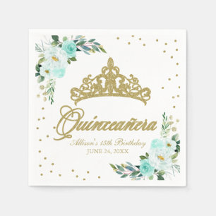 Quinceanera Party Gold Tiara Blush Teal Floral Napkin