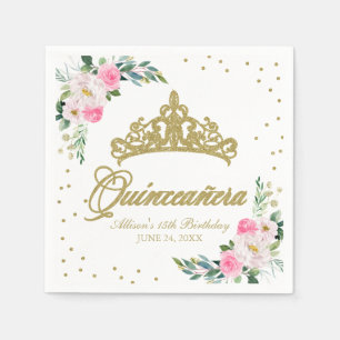 Quinceanera Party Gold Tiara Hot Pink Floral Napkin