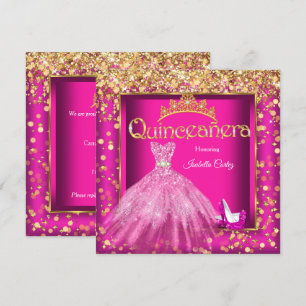 Quinceañera Party Hot Pink Dress High Heels Gold Invitation