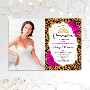 Quinceanera Party - Leopard Print Pink White Photo Invitation