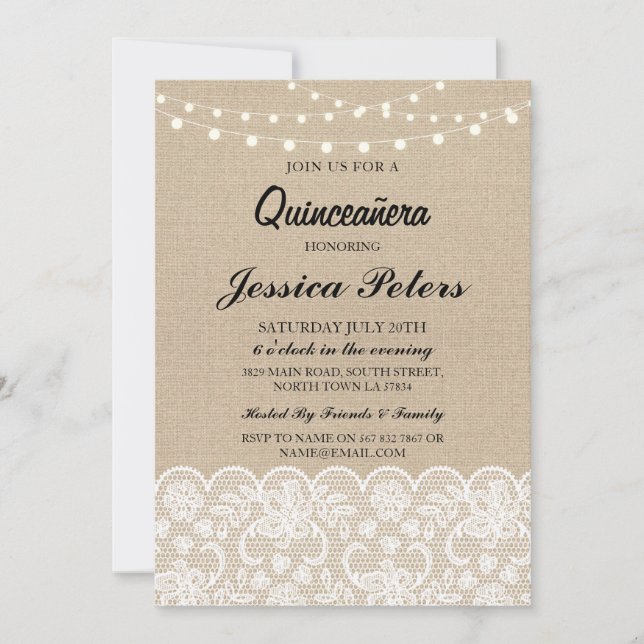 Quinceanera Party Lights Rustic Burlap Lace Invite (Front)