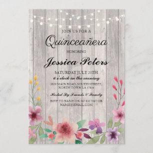 Quinceanera Party Lights Rustic Wood Floral Invite