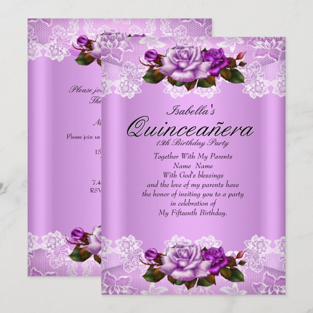 Quinceanera Party Lilac Purple Pink Roses Lace Invitation (Front/Back)