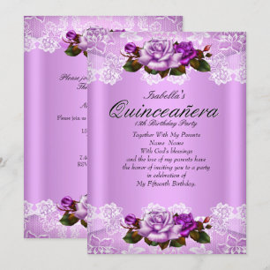 Quinceanera Party Lilac Purple Pink Roses Lace Invitation
