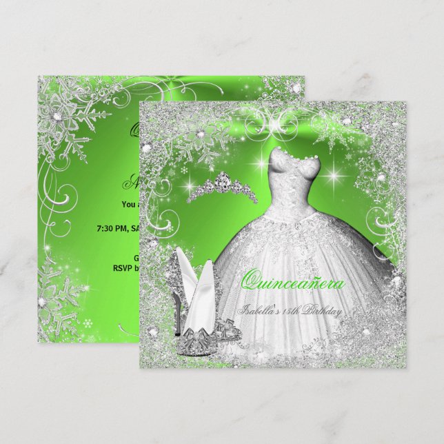 Quinceanera Party Lime Green Silver Snowflakes Invitation (Front/Back)