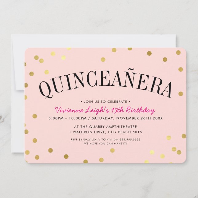 QUINCEAÑERA PARTY luxe gold confetti spots pink Invitation (Front)