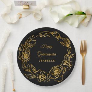 Quinceanera Party Luxe Gold Rose Floral Black Paper Plate