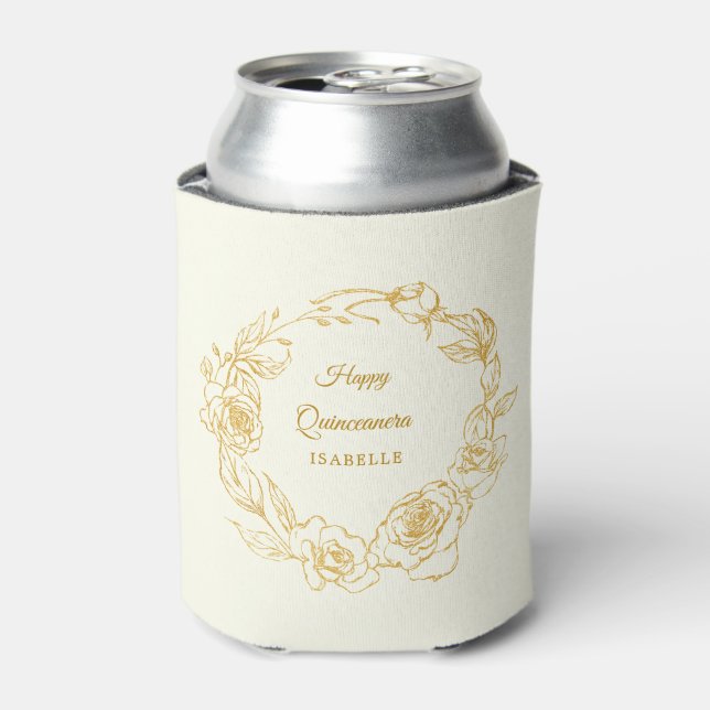 Quinceanera Party Luxe Gold Rose Ivory White Can Cooler (Can Front)