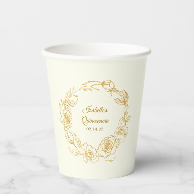 Quinceanera Party Luxe Gold Rose White Paper Cups (Front)