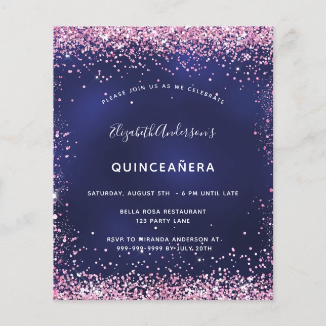Quinceanera party navy blue pink budget invitation flyer (Front)