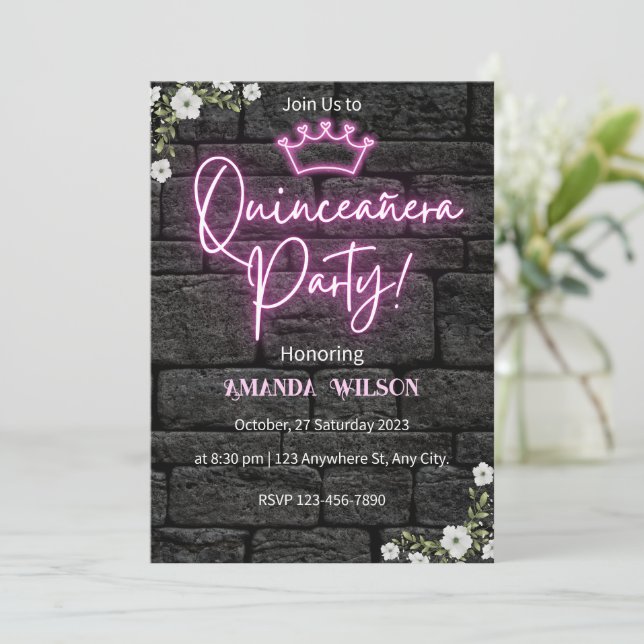 Quinceanera Party Neon Pink Invitation (Standing Front)