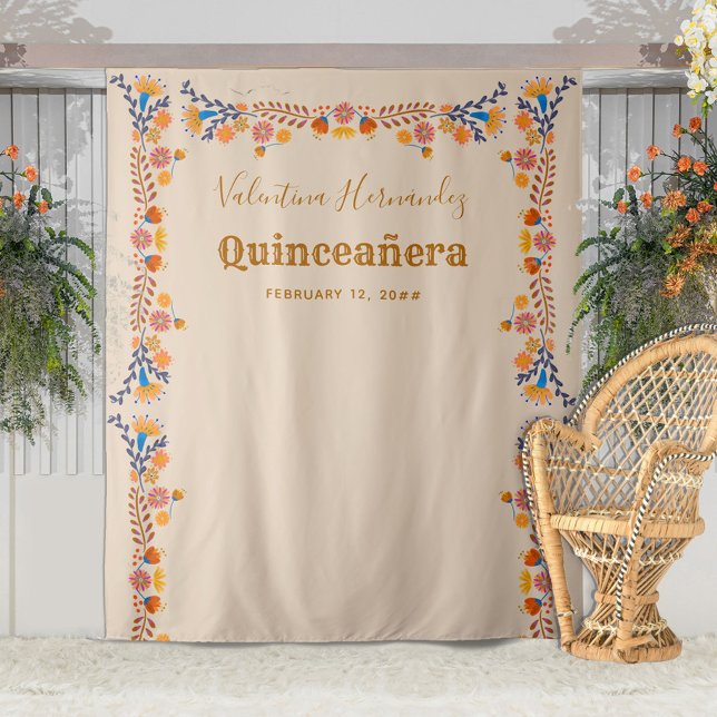 Quinceanera Party Photo Backdrop Mexican Floral Tapestry (Creator Uploaded)